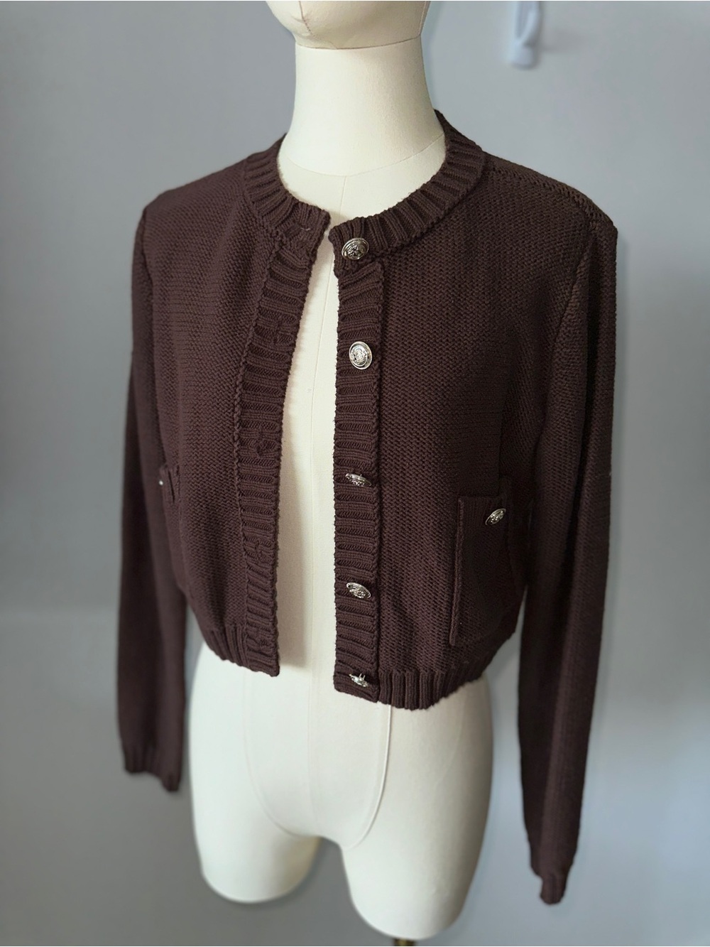Workshop Republic Clothing Brown Knit Cardigan with Silver-Tone Buttons